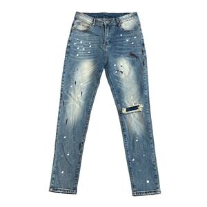 Black Icon Jeans Mens 32 Blue Paint Splatter Distressed Slim Streetwear Denim
